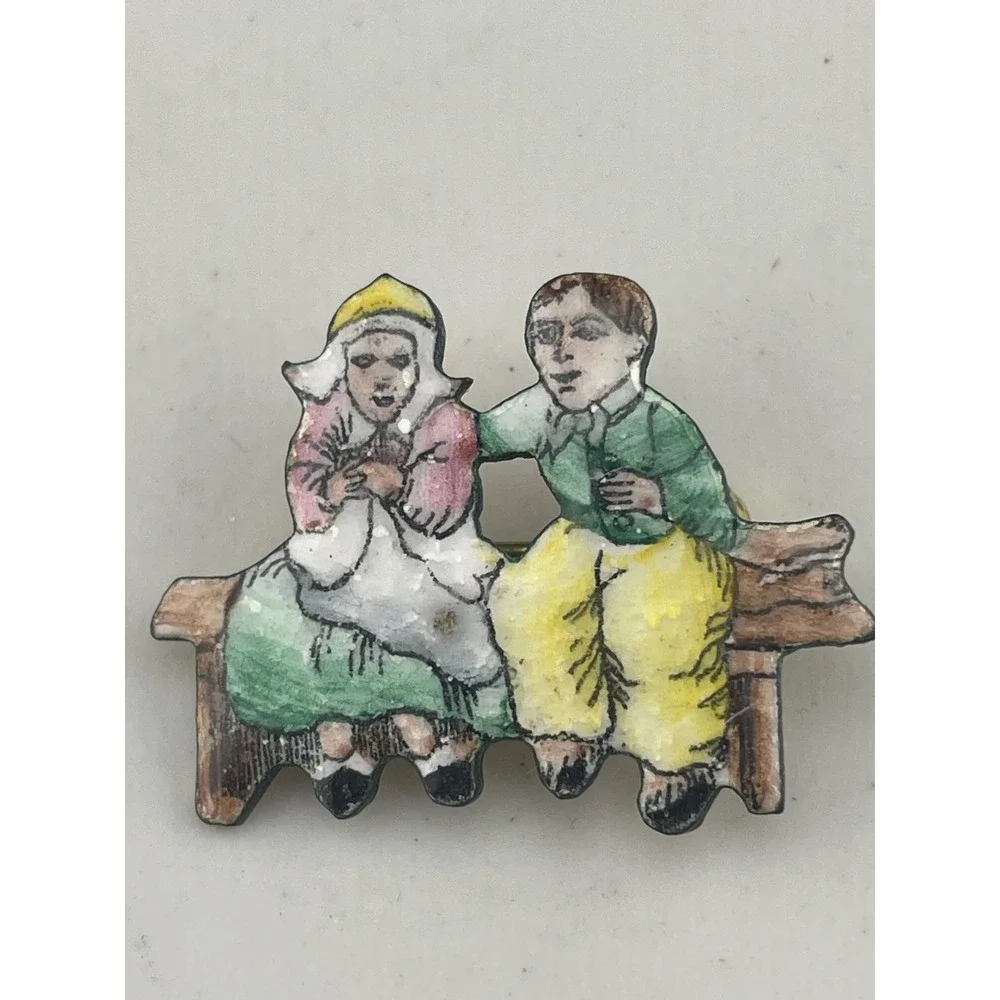 Vintage Czech Figural Brooch Couple on Bench Hand Painted Enamel Pin Vintage
